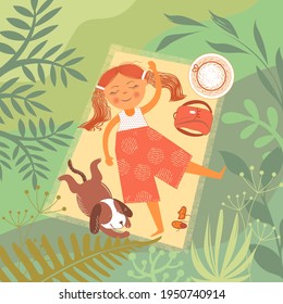 Outdoor recreation. Vector cartoon characters - a girl and her dog resting on the lawn.