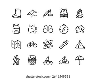 Outdoor Recreation Vector Icon Set | Adjustable Line Weight | Hiking, camping, fishing, kayaking, biking, mountains, compass, picnic, tent, backpack, adventure, exploring, leisure icons