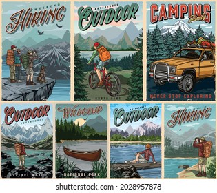 Outdoor recreation vintage colorful posters with wooden canoe on lake travel car with camping baggage on roof hikers cyclist traveler and tourists on nature landscapes vector illustration