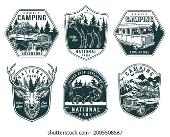 Outdoor recreation vintage monochrome emblems with deer head bison moose travel bus and cars different nature landscapes isolated vector illustration