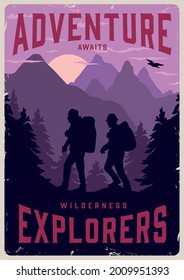 Outdoor Recreation Vintage Poster With Two Hikers Silhouettes On Forest And Mountains Landscape Vector Illustration