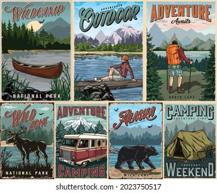 Outdoor recreation vintage posters set with canoe on lake motorhome tent bear moose traveler sitting on fallen tree and hiker with trekking poles on nature landscapes vector illustration