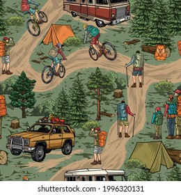 Esparcimiento al aire libre vintage patrón sin fisuras con excursionistas ciclistas viajeros de motor viaje carpas de auto bosques trozos de árbol mochilas ilustración vectorial