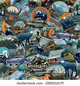 Outdoor recreation vintage seamless pattern consists of camping summer recreation and national park colorful labels and badges vector illustration