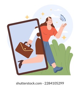 Outdoor recreation and work-life balance. Character spending their time in nature. Outside relaxation for body and mind harmony. Flat vector illustration