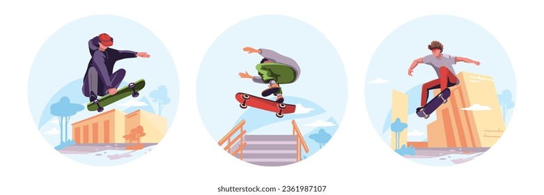 Outdoor recreational activities. Skateboarder silhouette in maneuver sequence. Collection of different men performing various sports activities. Flat vector illustration in cartoon style