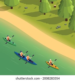 Outdoor recreational canoeing kayaking rafting activity isometric compositing with paddling down river enjoying nature tourists vector illustration 