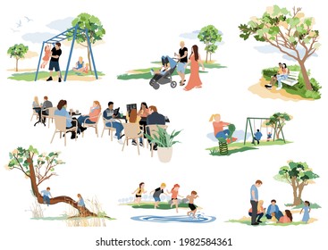 Outdoor recreational  set. Families, friends or couples having fun together, sitting in a restaurant, joyful children playing in the playground, jumping into the water, or climbing a tree. Vector.