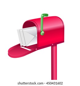 Outdoor red mailbox full of letters. Vector EPS10 isolated realistic illustration.