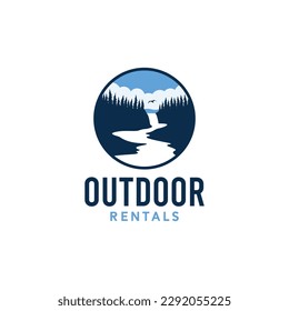 Outdoor rental with nature waterfall forest evergreen pine tree and river simple logo design inspiration