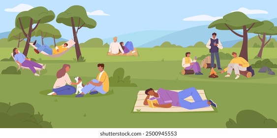 outdoor rest background. people relaxing lying in hammocks, summer nature leisure relaxed persons in forest, camping hiking activities. vector cartoon conceptual background.