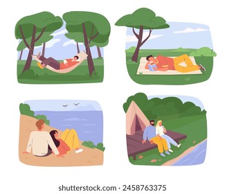 outdoor rest. people relaxing lying in hammocks, summer nature leisure relaxed persons in forest, camping hiking activities. vector cartoon concept graphics.