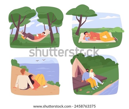 outdoor rest. people relaxing lying in hammocks, summer nature leisure relaxed persons in forest, camping hiking activities. vector cartoon concept graphics.