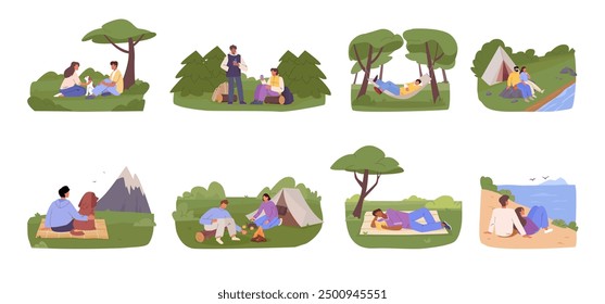 Descanso al aire libre. Ocio de verano Naturaleza Personas relajadas en el bosque, personas relajándose tumbadas en hamacas, actividades de camping y senderismo. Gráficos de concepto de dibujos animados de Vector.