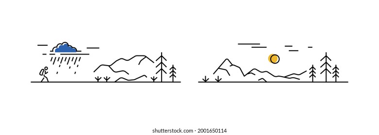 Outdoor rest, trekking, activity sport Line art concept. Tourist in mounts . Bad weather, rain in hike. Geologist work. Nordic landscape. Simple shape.Vector illustration on white background