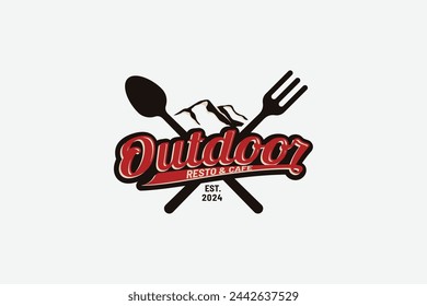 outdoor restaurant and cafe logo with a combination of mountains, spoon, fork and beautiful lettering.