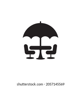 Outdoor restaurant with chair and umbrella tent vector logo design