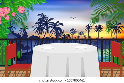 outdoor restaurant at the river in sunset
