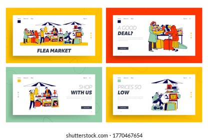 Outdoor Retro Bazaar Landing Page Template Set. Characters Visit Flea Market for Shopping Unique Antique Things. Garage Sale with Sellers Presenting Old Stuff to Buy. Linear People Vector Illustration