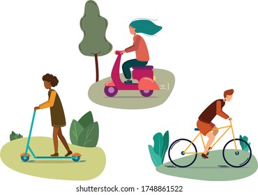 Outdoor ride activity concept. Young people riding on scooter, kick scooter and bicycle at summer or spring. Flat vector illustration.