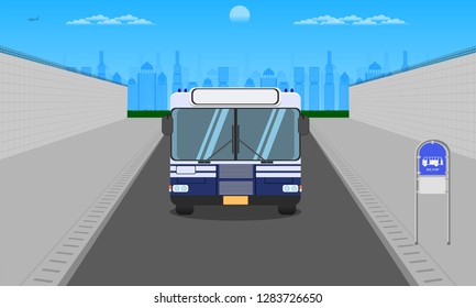 outdoor road in the city dark blue sky front view bus stop at station pole lamp sign horizontal vector illustration eps10