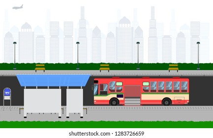 outdoor road in the city red bus stop at station pole lamp sign horizontal vector illustration eps10