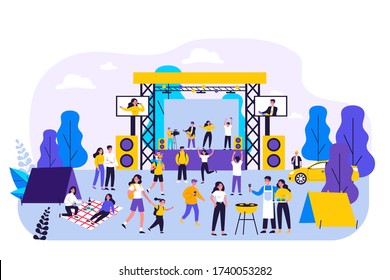 Outdoor rock concert and food festival. Crowd of people listening to music in park, enjoying camping, picnic and barbecue. Vector illustration for open air party, leisure, event concept