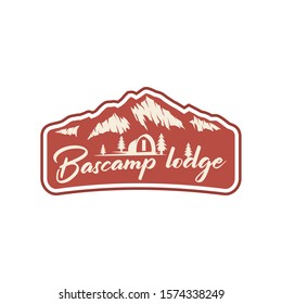 Outdoor Rocky Mountain Base Camp Lodge Nature Logo - Adventure Wildlife Pine Tree Forest Design, Hiking Exploration Nature, Camping Campfire Alpine Himalaya.