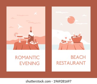 Outdoor romantic meal. Champagne bottle in bucket, glasses, candle, fruit on table with sea and hills views, gulls over the water, luxury rest, beach restaurant, honeymoon concept. Illustration set