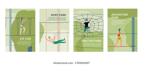 Outdoor rope and adventure park ad poster template set with cartoon people riding zip line, climbing web and walking on bridge. Flat vector illustration.