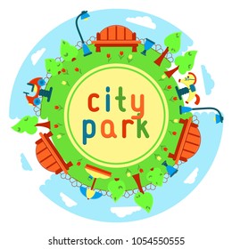 Outdoor round card with benchs, lamps and kids playground equipment. Flat style vector illustration. Suitable for childrens book. Eps10