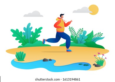 Outdoor running activity scene. Young man jogging outdoors in morning. Daily fitness training or sports workout. Healthy activity.