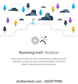 Outdoor running, trail map with flags, marathon path, countryside landscape, sport activity, vector icons, flat illustration