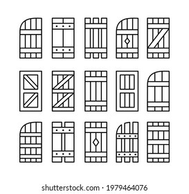 Outdoor rustic window wooden shutters. Line icon set. Old board window blinds for house and cottage. Exterior decorative elements. Isolated objects on white background