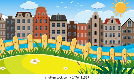 An outdoor scene with Amsterdam house illustration