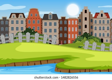 An outdoor scene with Amsterdam house illustration
