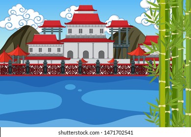 An outdoor scene with Asian castle illustration