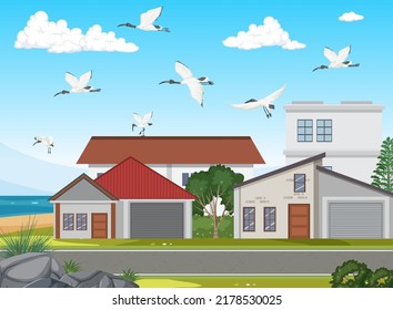 Outdoor scene with Australian white ibis group  illustration