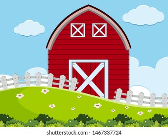 An outdoor scene with barn illustration