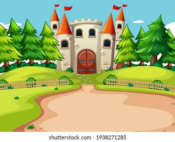Outdoor scene with big castle and nature elements illustration