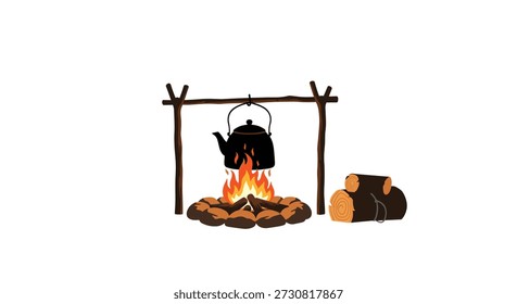 Outdoor scene of a black campfire kettle hanging over a stone ringed bonfire with a stack of cut wood logs nearby on a white background.