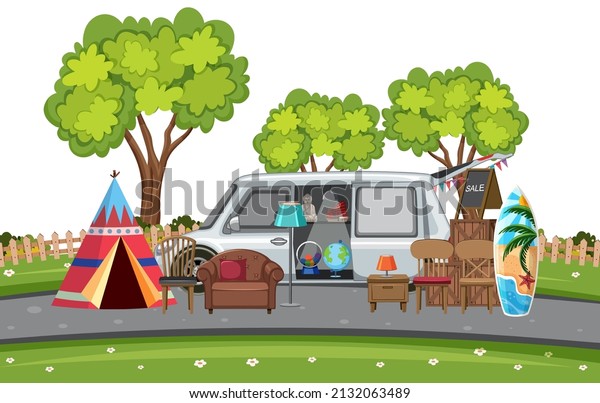 Outdoor scene with\
car boot sale\
illustration