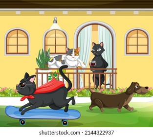 Outdoor scene with cartoon cats and dogs illustration