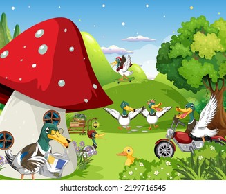Outdoor scene with cartoon ducks illustration