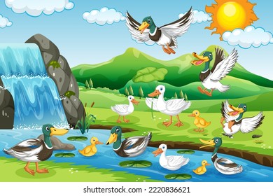 Outdoor scene with cartoon ducks illustration