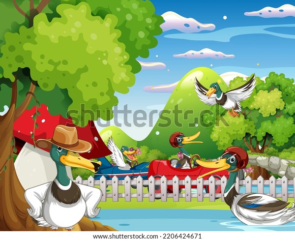 Outdoor scene with\
cartoon ducks\
illustration