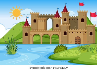 An outdoor scene with castle illustration