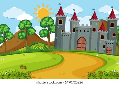 An outdoor scene with castle illustration