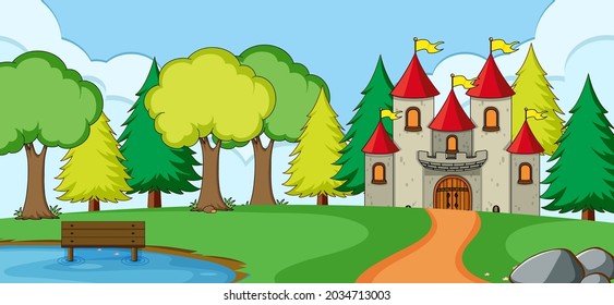 Outdoor scene with castle in the nature park illustration