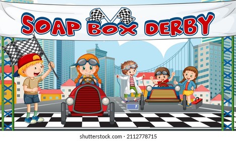 Outdoor scene with children racing car illustration